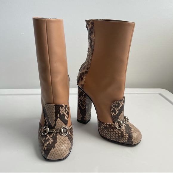 Gucci horsebit Lillian python print camel ankle boots size 35.5 NEW - Picture 2 of 10